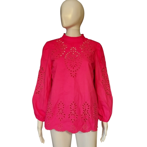 J.Crew Mock Neck Embroidered Eyelet Cotton Poplin Top In Fuschia Blossom - Picture 2 of 16